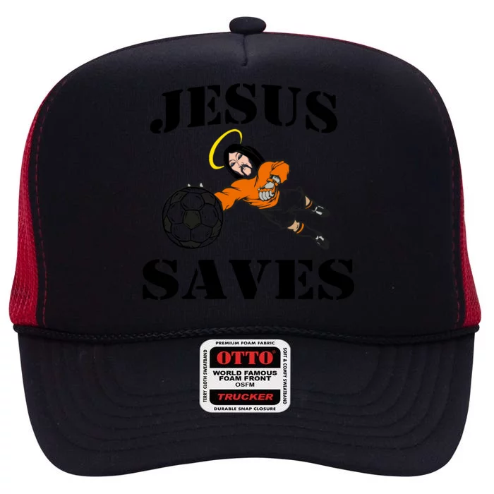 Jesus Saves Soccer Goalie High Crown Mesh Trucker Hat