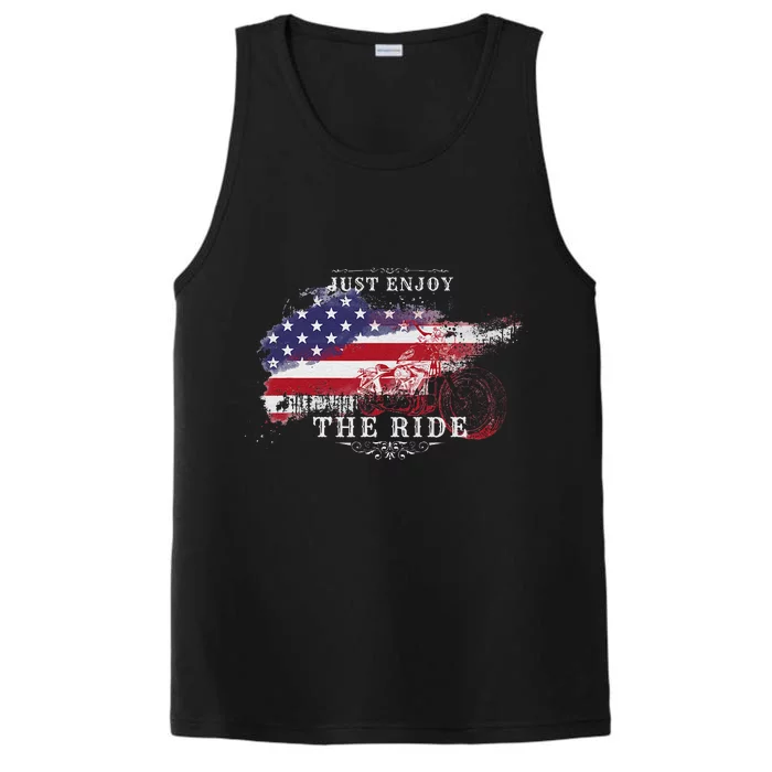 Just Enjoy The Ride Motorcycle Usa Flag Distressed Retro Performance Tank