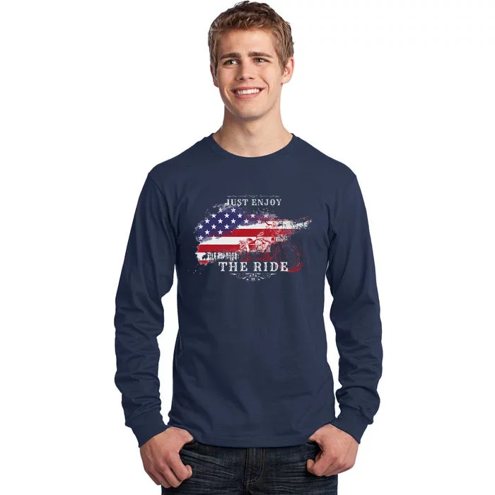 Just Enjoy The Ride Motorcycle Usa Flag Distressed Retro Tall Long Sleeve T-Shirt