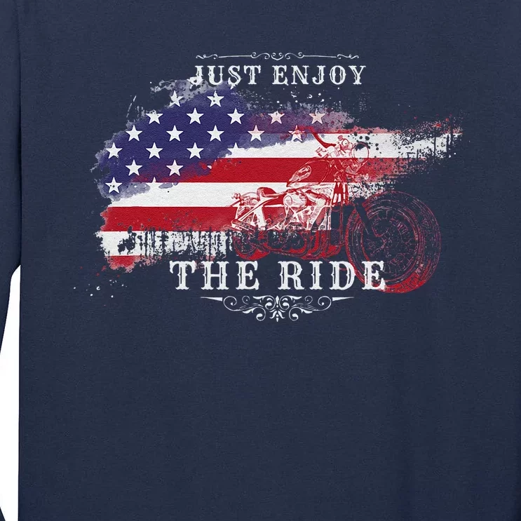 Just Enjoy The Ride Motorcycle Usa Flag Distressed Retro Tall Long Sleeve T-Shirt