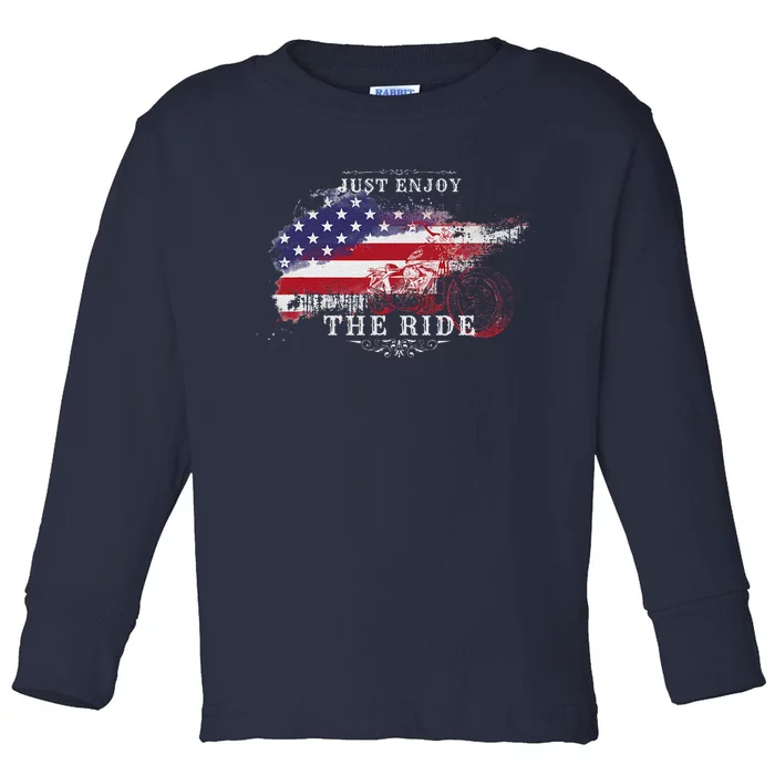 Just Enjoy The Ride Motorcycle Usa Flag Distressed Retro Toddler Long Sleeve Shirt