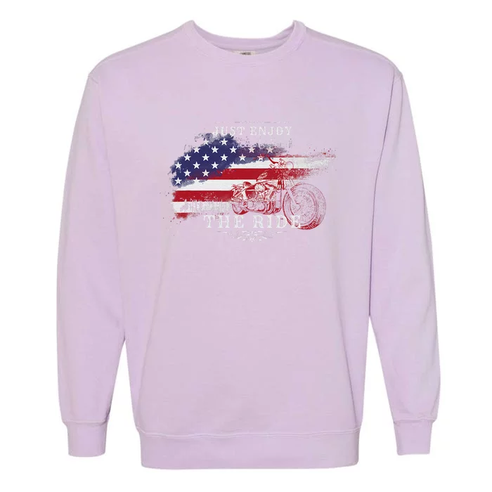 Just Enjoy The Ride Motorcycle Usa Flag Distressed Retro Garment-Dyed Sweatshirt