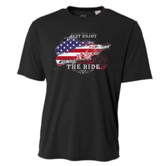 Just Enjoy The Ride Motorcycle Usa Flag Distressed Cooling Performance Crew T-Shirt