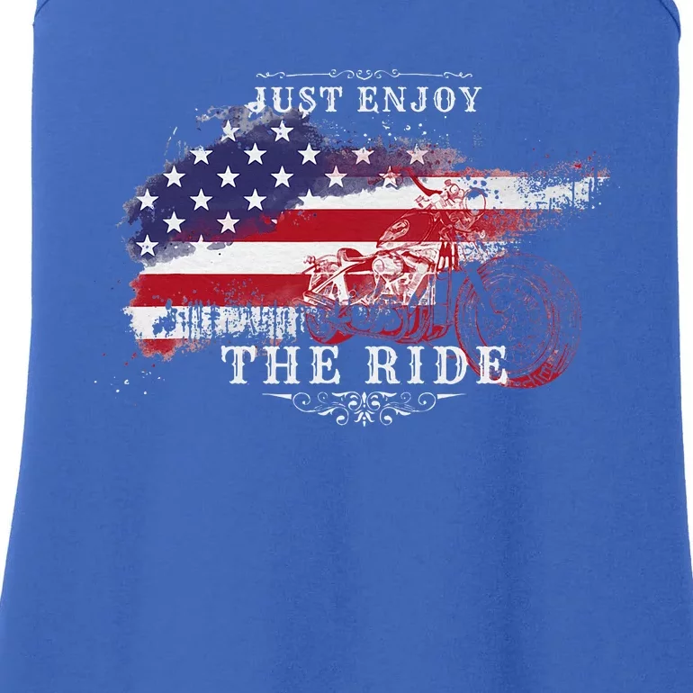 Just Enjoy The Ride Motorcycle Usa Flag Distressed Ladies Essential Tank