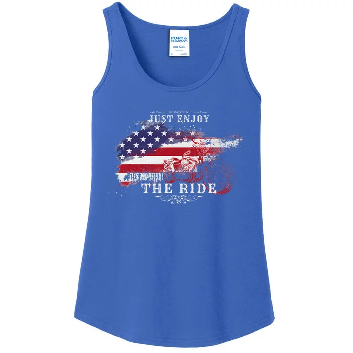 Just Enjoy The Ride Motorcycle Usa Flag Distressed Ladies Essential Tank