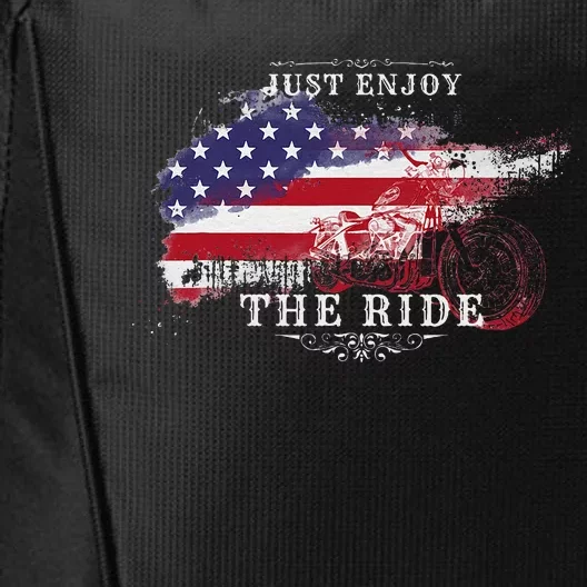 Just Enjoy The Ride Motorcycle Usa Flag Distressed City Backpack