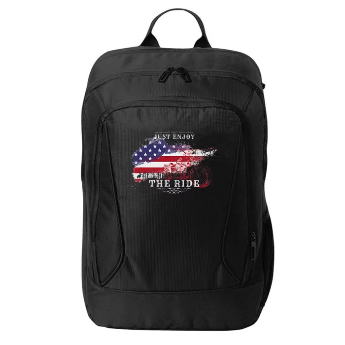 Just Enjoy The Ride Motorcycle Usa Flag Distressed City Backpack