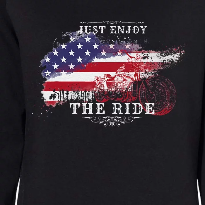 Just Enjoy The Ride Motorcycle Usa Flag Distressed Womens California Wash Sweatshirt