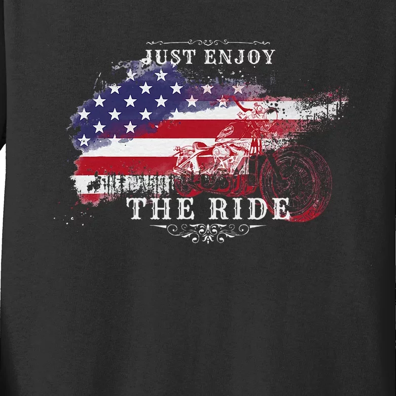 Just Enjoy The Ride Motorcycle Usa Flag Distressed Kids Long Sleeve Shirt