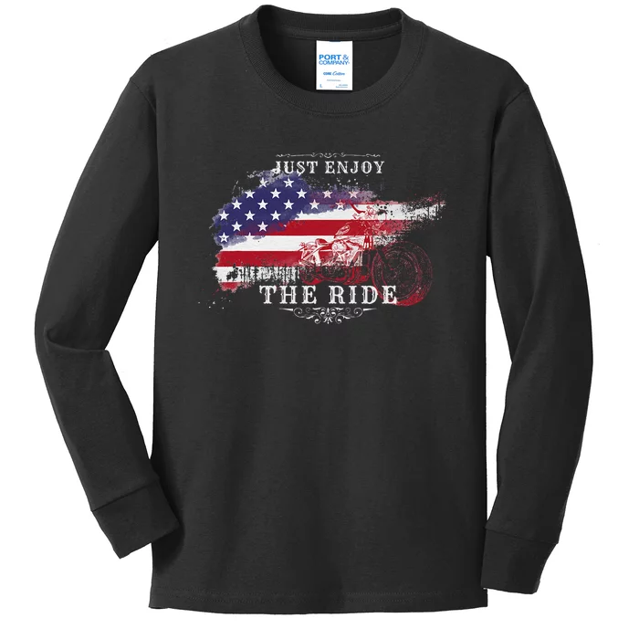 Just Enjoy The Ride Motorcycle Usa Flag Distressed Kids Long Sleeve Shirt