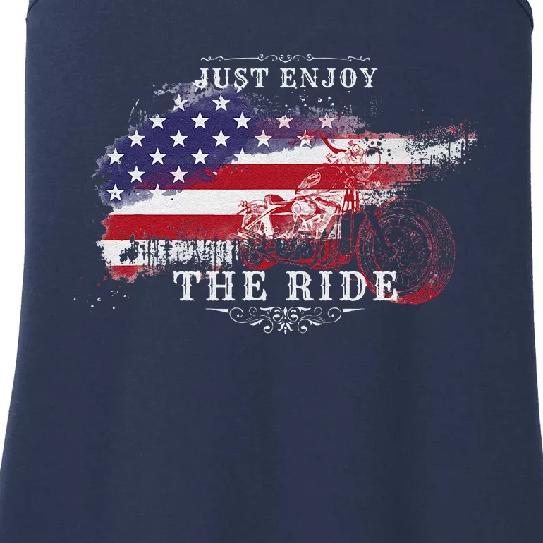 Just Enjoy The Ride Motorcycle Usa Flag Distressed Retro Ladies Essential Tank