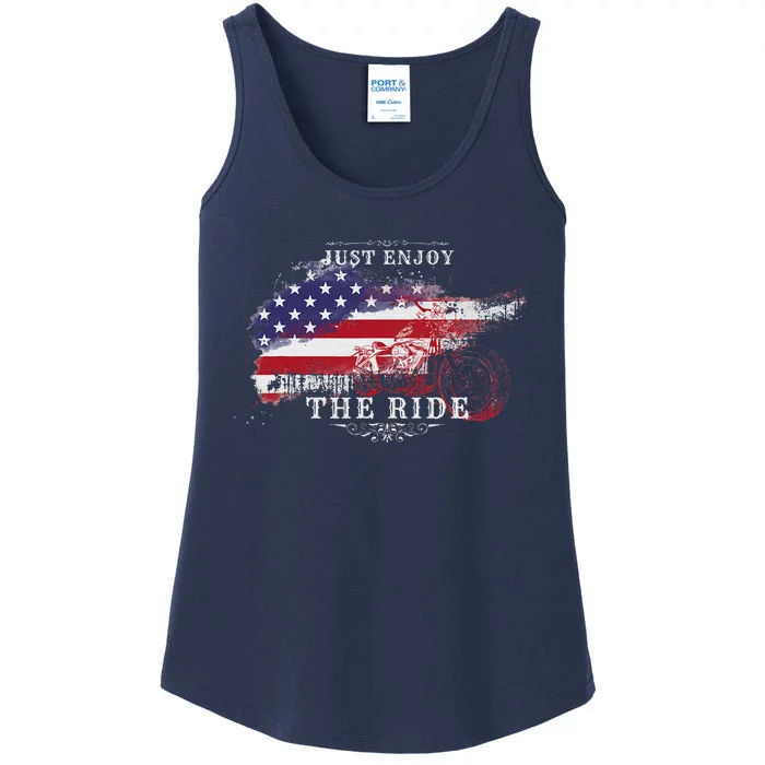 Just Enjoy The Ride Motorcycle Usa Flag Distressed Retro Ladies Essential Tank