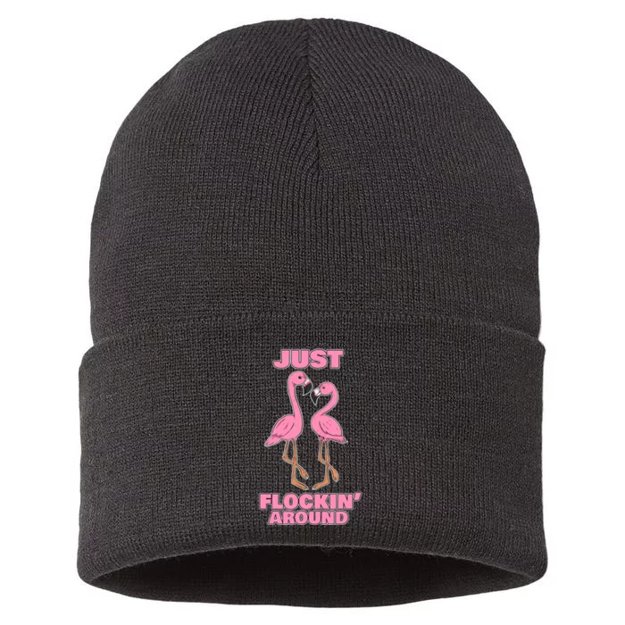 Just Flockin' Around! Funny Flamingo Dancing Joke Sustainable Knit Beanie