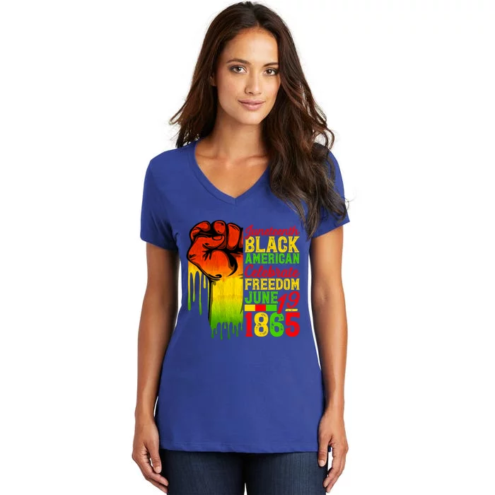 Juneteenth Fist Black Celebrate Black Freedom 1865 Cute Gift Women's V-Neck T-Shirt