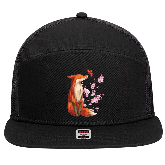 Japanese Fox Cherry Blossom Flower Sakura Trees Kawaii 7 Panel Mesh Trucker Snapback Hat