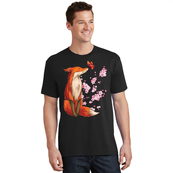 Japanese Fox Cherry Blossom Flower Sakura Trees Kawaii T-Shirt