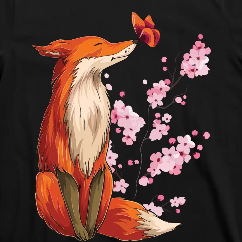 Japanese Fox Cherry Blossom Flower Sakura Trees Kawaii T-Shirt