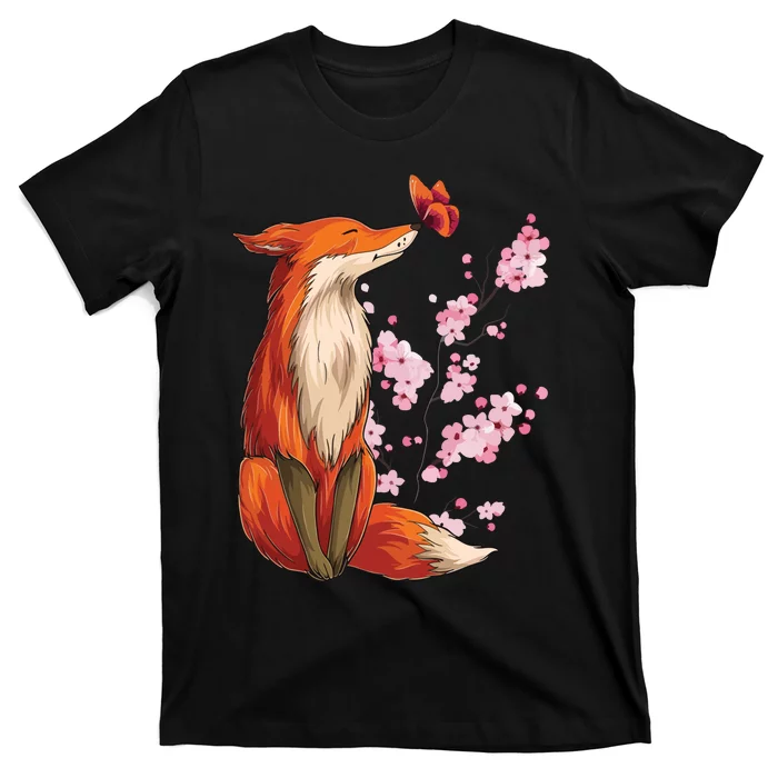 Japanese Fox Cherry Blossom Flower Sakura Trees Kawaii T-Shirt