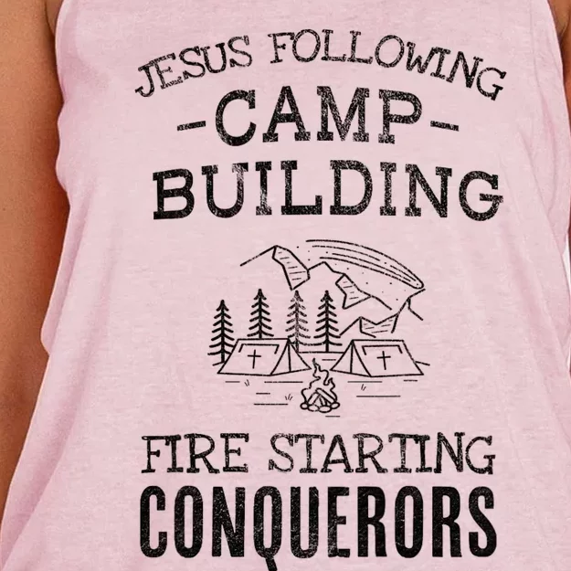 Jesus Following Camp Building Fire Starting Conquerors Based On Joshua 1:9 Women's Knotted Racerback Tank