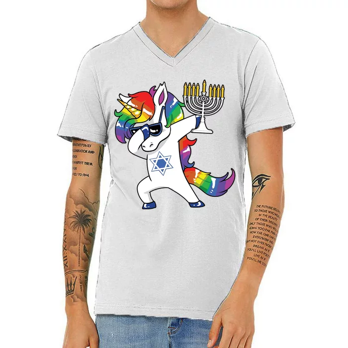 Jewnicorn Funny Hanukkah Unicorn Dabbing Unicorn V-Neck T-Shirt