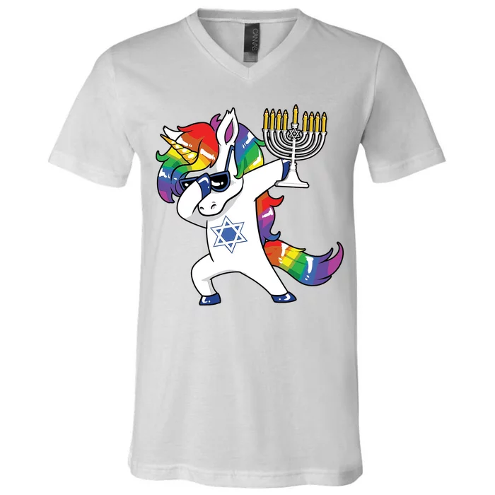 Jewnicorn Funny Hanukkah Unicorn Dabbing Unicorn V-Neck T-Shirt