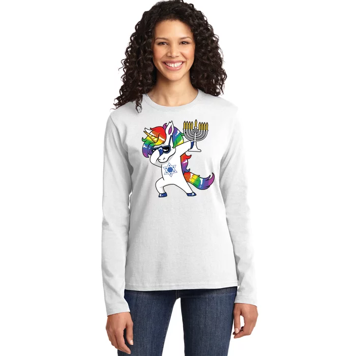 Jewnicorn Funny Hanukkah Unicorn Dabbing Unicorn Ladies Long Sleeve Shirt