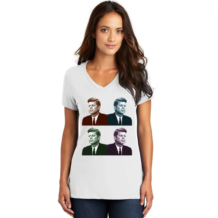 John Fitzgerald Kennedy 35th President Retro Block Portraits Women's V-Neck T-Shirt