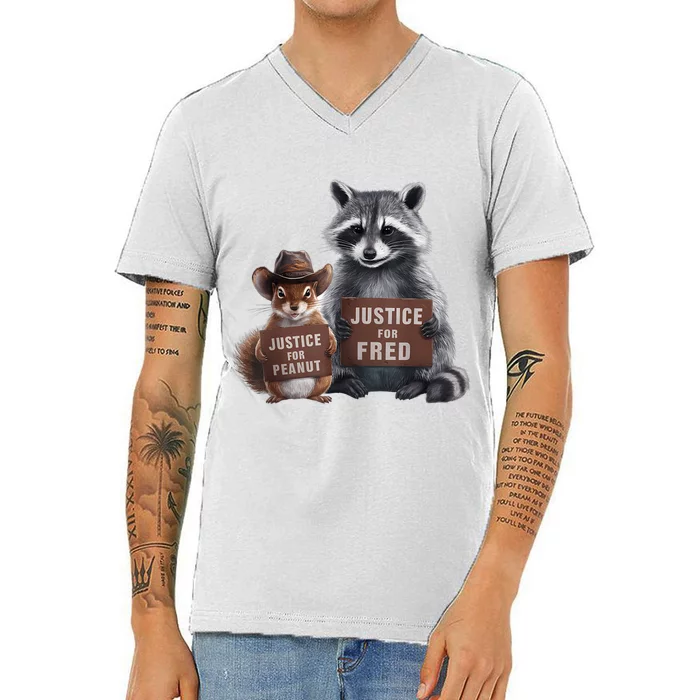 Justice For Peanut The Squirrel Justice For Fred The Raccoon V-Neck T-Shirt