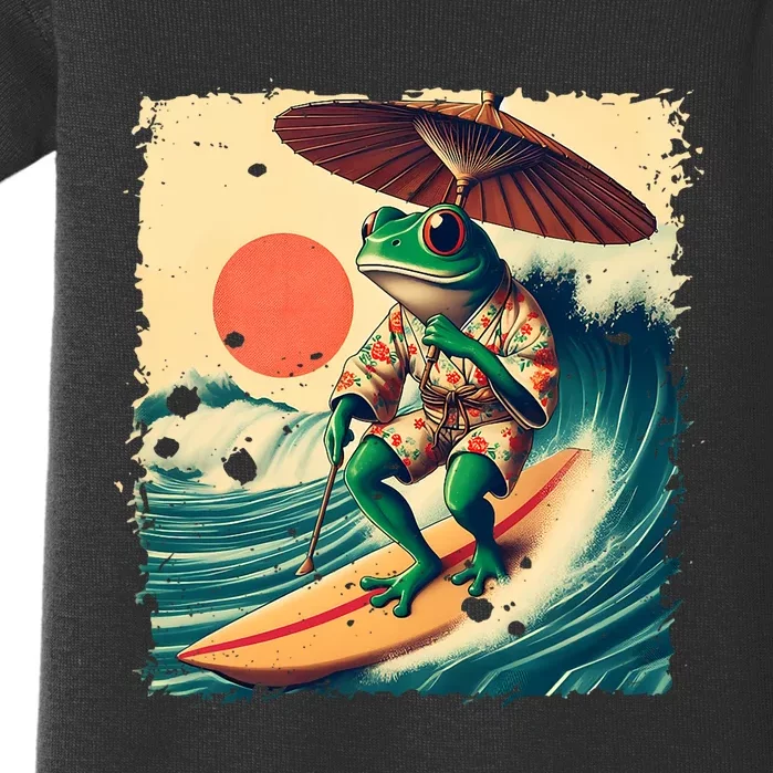 Japanese Frog Surfing Wave Funny Japan Art Anime Baby Bodysuit