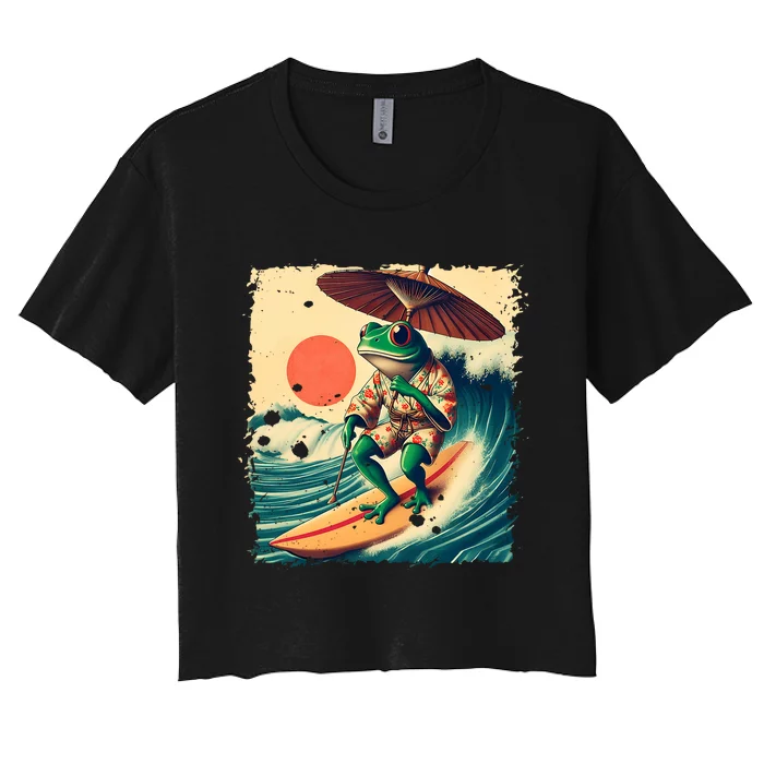 Japanese Frog Surfing Wave Funny Japan Art Anime Women's Crop Top Tee