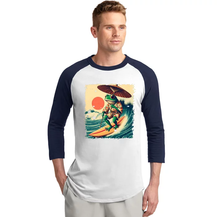 Japanese Frog Surfing Wave Funny Japan Art Anime Baseball Sleeve Shirt