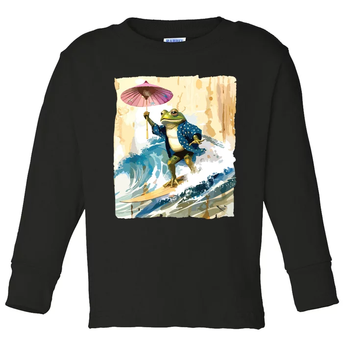 Japanese Frog Surfing Wave Funny Graphic Japan Anime Toddler Long Sleeve Shirt