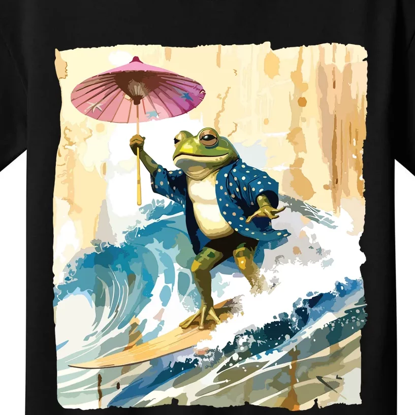 Japanese Frog Surfing Wave Funny Graphic Japan Anime Kids T-Shirt