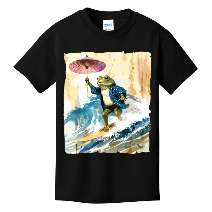 Japanese Frog Surfing Wave Funny Graphic Japan Anime Kids T-Shirt