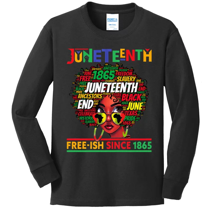 Juneteenth Freeish Since 1865 Afro Black  Messy Bun Kids Long Sleeve Shirt