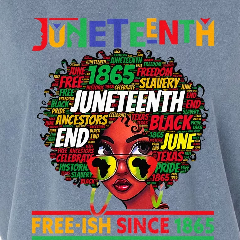 Juneteenth Freeish Since 1865 Afro Black  Messy Bun Garment-Dyed Women's Muscle Tee