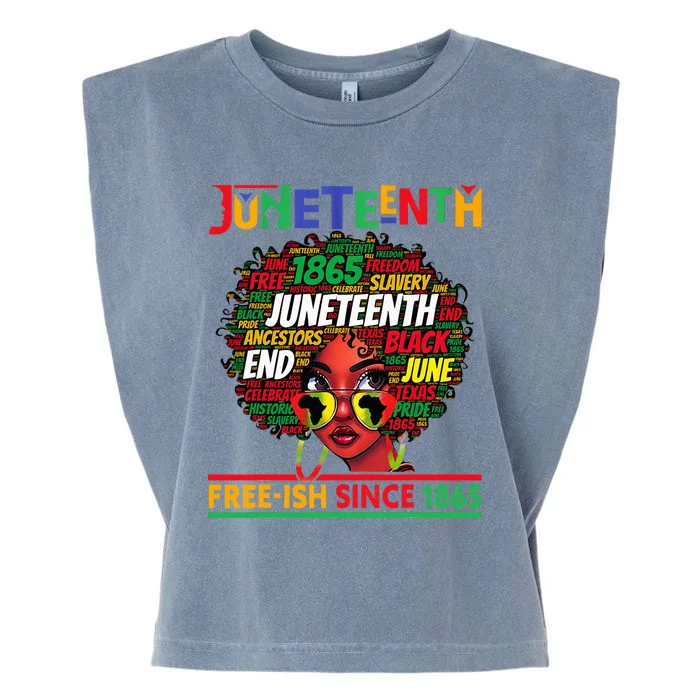 Juneteenth Freeish Since 1865 Afro Black  Messy Bun Garment-Dyed Women's Muscle Tee