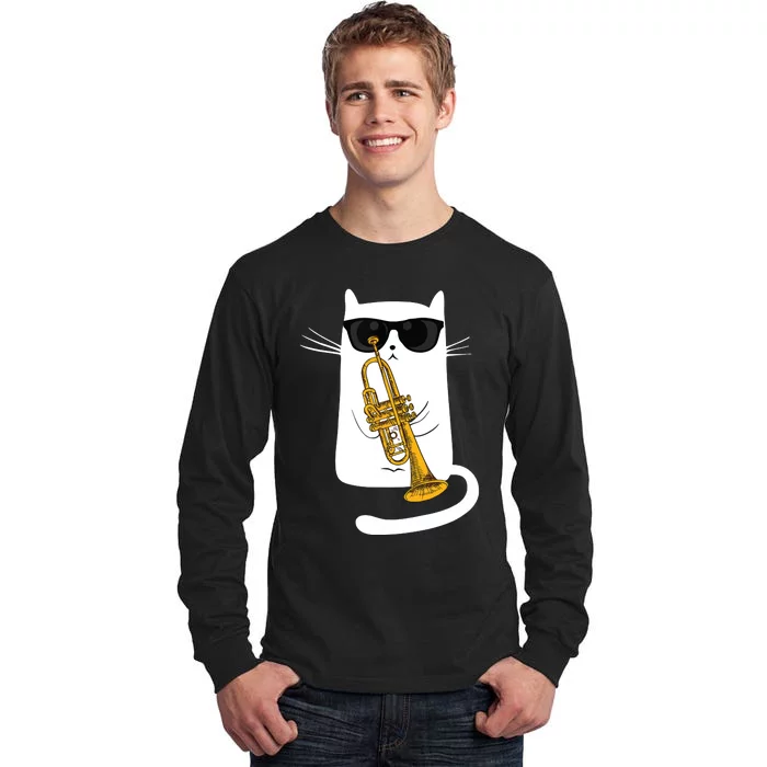 Jazz Funk Soul Cool Cute Cat Playing Trumpet Tall Long Sleeve T-Shirt