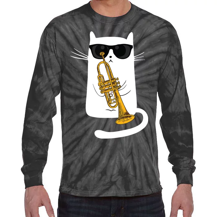 Jazz Funk Soul Cool Cute Cat Playing Trumpet Tie-Dye Long Sleeve Shirt