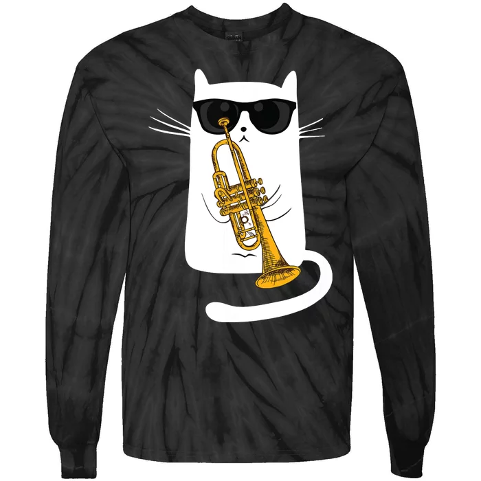 Jazz Funk Soul Cool Cute Cat Playing Trumpet Tie-Dye Long Sleeve Shirt