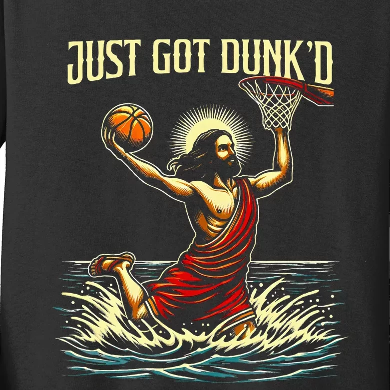 Just Got Dunked Jesus Dunking Baptism Playing Basketball Kids Long Sleeve Shirt