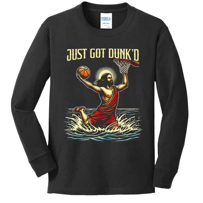 Just Got Dunked Jesus Dunking Baptism Playing Basketball Kids Long Sleeve Shirt