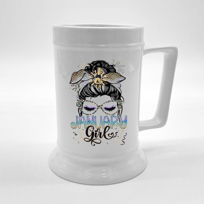 January Girl Messy Bun January Birthday Front & Back Beer Stein