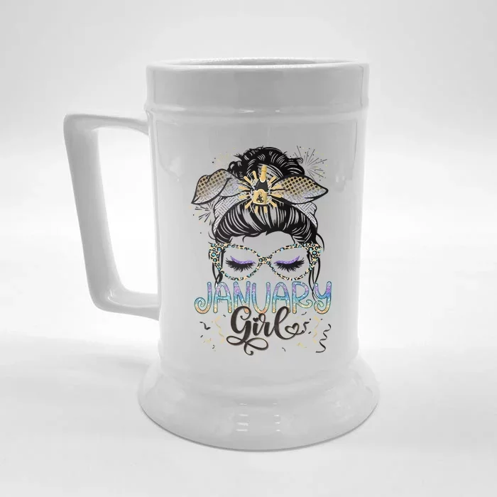 January Girl Messy Bun January Birthday Front & Back Beer Stein