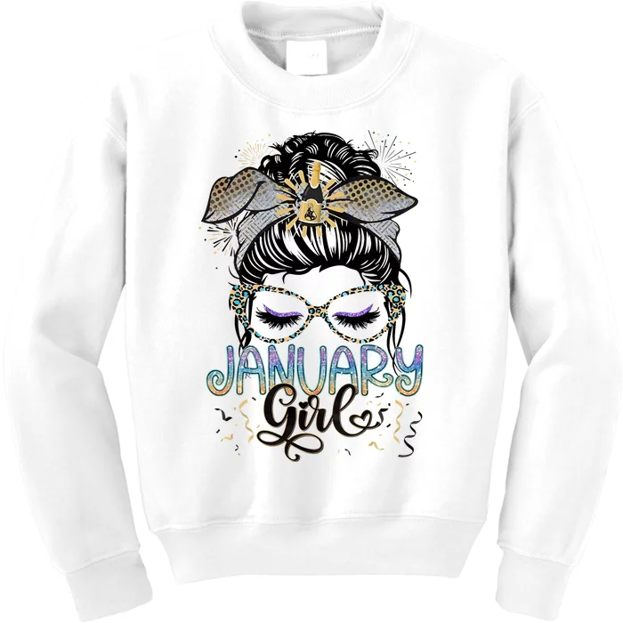 January Girl Messy Bun January Birthday Kids Sweatshirt