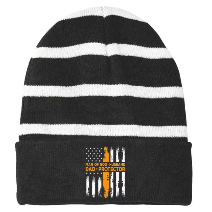 Jesus God Religious Man Of God Husband Dad Protector Striped Beanie with Solid Band