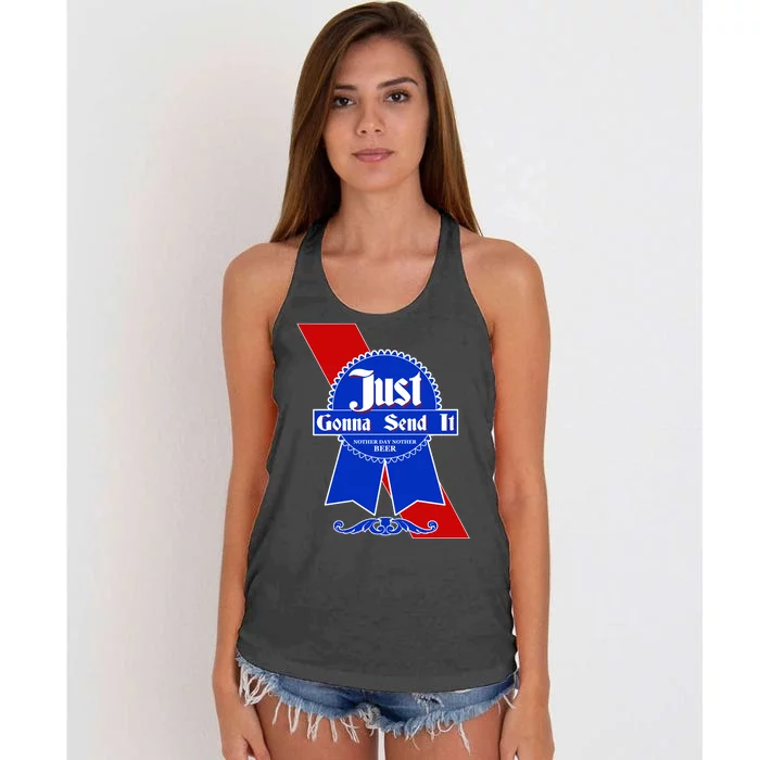 Just Gonna Send It Nother Day Nother Beer Blue Ribbon Women's Knotted Racerback Tank