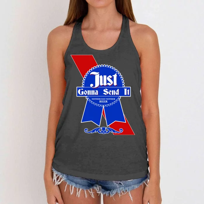 Just Gonna Send It Nother Day Nother Beer Blue Ribbon Women's Knotted Racerback Tank