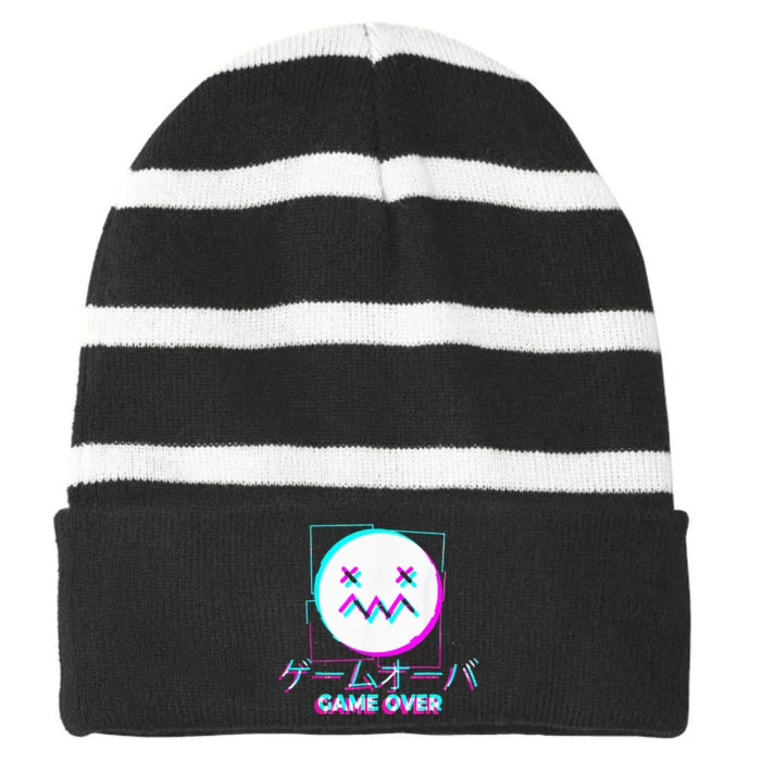 Japanese Glitch Sad Anime Girl Boy Game Over Aesthetic Striped Beanie with Solid Band