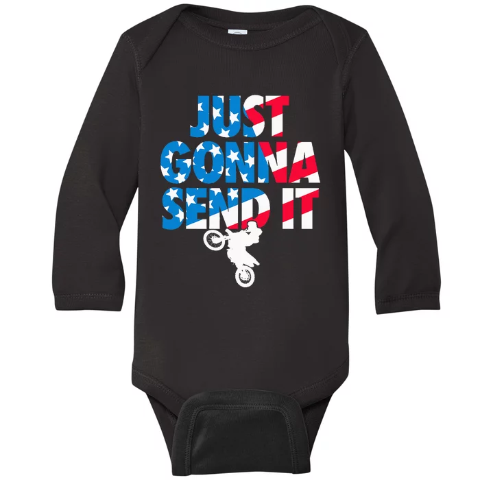 Just Gonna Send It American Flag Dirt Bike Motocross Baby Long Sleeve Bodysuit